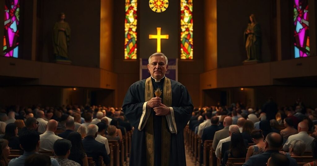 Cykliczny obraz przedstawiający tradycyjnego kapłana przed nowoczesnym ołtarzem w kościele w USA, otoczonego przez modlące się wiernych.