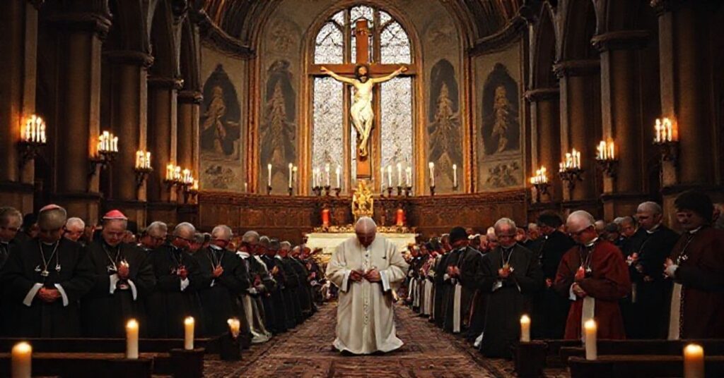 Tradycyjny wnętrze kościoła z polskimi biskupami modlącymi się obok niemieckich delegatów