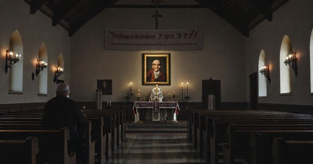 Ciemny wnętrze fałszywej kaplicy adoracji wieczystej w Czechowicach-Dziedzicach z pseudobiskupem Romanem Pindlem i obrazem Carla Acutisa.