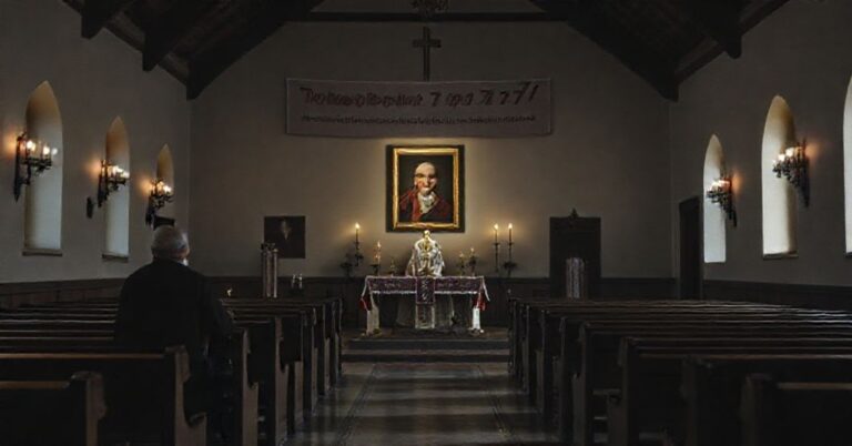 Ciemny wnętrze fałszywej kaplicy adoracji wieczystej w Czechowicach-Dziedzicach z pseudobiskupem Romanem Pindlem i obrazem Carla Acutisa.