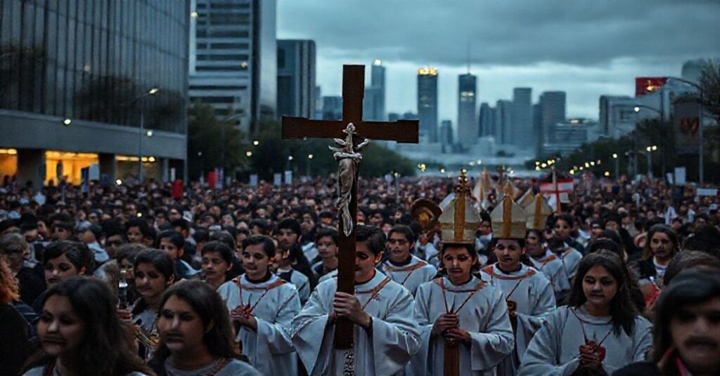 Pielgrzymka młodzieży katolickiej w Melbourne podczas festiwalu młodzieży katolickiej w Australii. Młodzi ludzie niosą krzyż i ikonę na tle miasta w ponurych barwach.