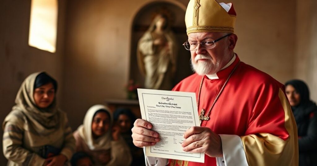 Biskup w tradycyjnej sutannie trzyma dokument deklaracji o migracjach, na tle kaplicy z posągiem Serca Jezusowego