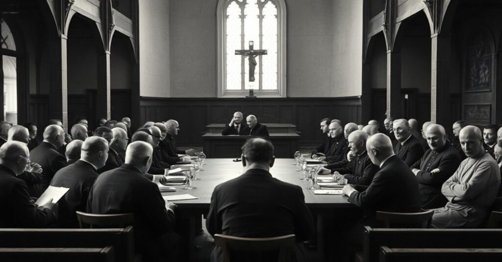 Zbieranie się pseudozakonników w Licheniu w 2025 roku podczas konferencji w modernistycznej bazylice. Scena przedstawia wybory liderów i fałszywą liturgię pod przewodnictwem "abp" Filipazziego i "bp" Kiciańskiego.