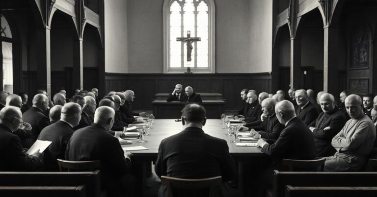 Zbieranie się pseudozakonników w Licheniu w 2025 roku podczas konferencji w modernistycznej bazylice. Scena przedstawia wybory liderów i fałszywą liturgię pod przewodnictwem "abp" Filipazziego i "bp" Kiciańskiego.