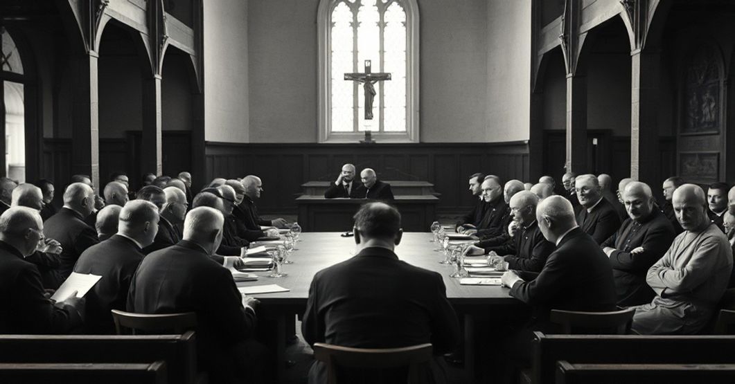 Zbieranie się pseudozakonników w Licheniu w 2025 roku podczas konferencji w modernistycznej bazylice. Scena przedstawia wybory liderów i fałszywą liturgię pod przewodnictwem "abp" Filipazziego i "bp" Kiciańskiego.
