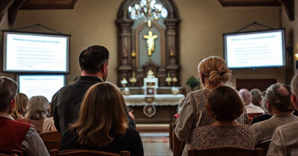 Tradycyjny katolicki bohater obrazu - para prowadząca warsztaty małżeńskie w kaplicy z ołtarzem i krzyżem.