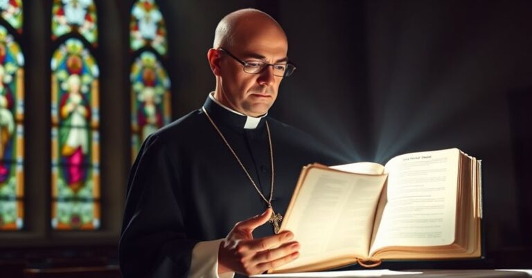 Prawdziwy katolicki ksiądz w sutannie stoi w kościele z witrażami, trzymając Biblię i patrząc na książkę psychologiczną na ołtarzu.