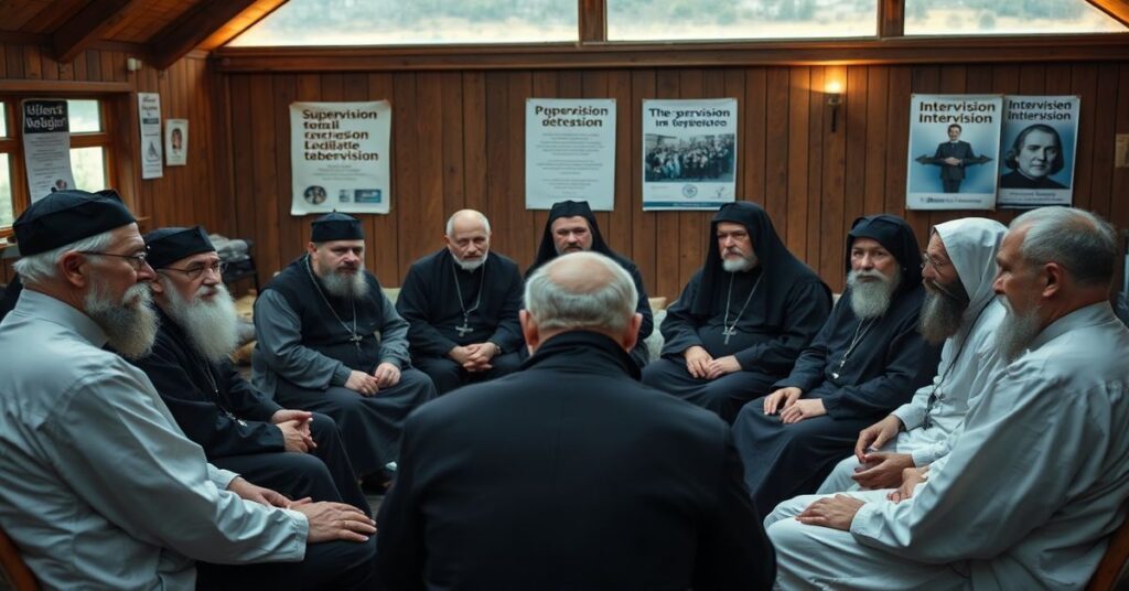 Grupa kapłanów i osób konsekrowanych uczestniczących w sekularyzowanej szkole duchowej nad jeziorem w Warzenku