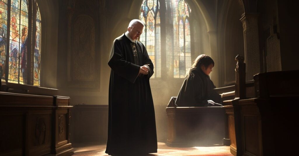 Tradycyjny ks. w konfesjonałe z młodym wiernym modlącym się w ciemnej kościołowej scenerii