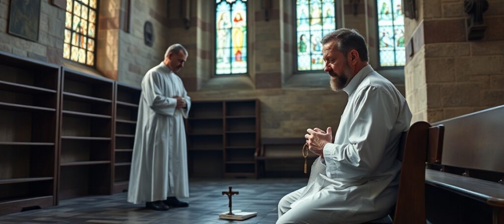 Ksiądz w sutannie w kaplicy z psychoterapeutką w modlitwie