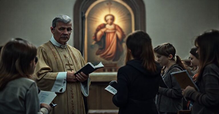 Biskup Krzysztof Włodarczyk i Beata Kowalska przed grupą dzieci w katolickim kościole, symbolizując duchu pustki i zamiast duszpasterstwo psychoterapia