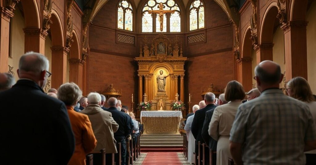 Wnętrze kościoła Wszystkich Świętych w Pszczynie z nową kaplicą wieczystej adoracji prowadzoną przez Andrzeja Przybylskiego. Scena pokazuje naturalistyczną imitację kultu eucharystycznego bez nadprzyrodzonego wymiaru.