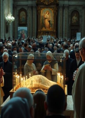 Publiczna Ekspozycja Relikwii św. Franciszka z Asyżu Tradycyjny katolicki widok publicznej ekspozycji relikwii św. Franciszka z Asyżu podczas kontrowersyjnego "Roku Franciszka". Pielgrzymi modlą się w katedrze przy delikatnym świetle świec.