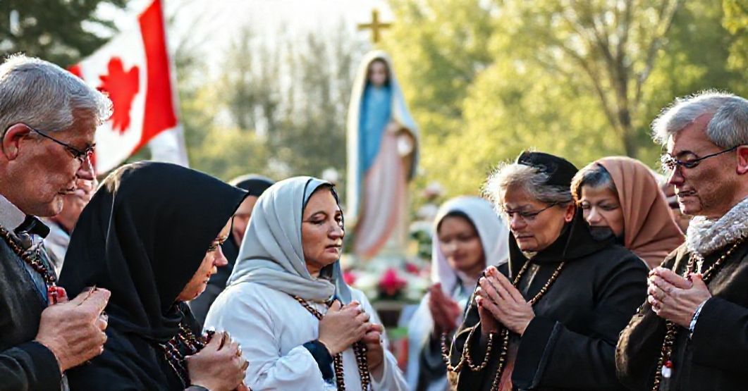 Grupa katolików modli się różańcem przed statuą Matki Boskiej z Fatimy podczas publicznych modłów w Kanadzie.