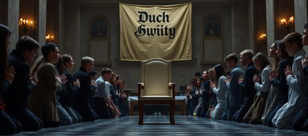 Grupa młodych ludzi modląca się przed pustym krzesłem w Watykanie, symbolizując brak obecności Chrystusa w nowoczesnej liturgii.
