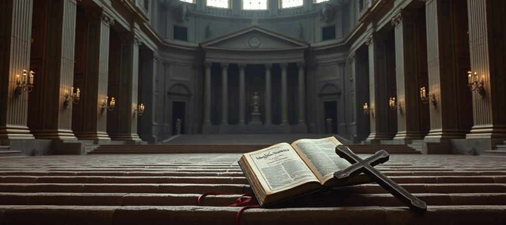 Pusta Bazylika Św. Piotra z widokiem na Aulę Synod w ciemnościach; symbolizuje brak prawdziwych papieży i apostazję Nowego Kościoła.