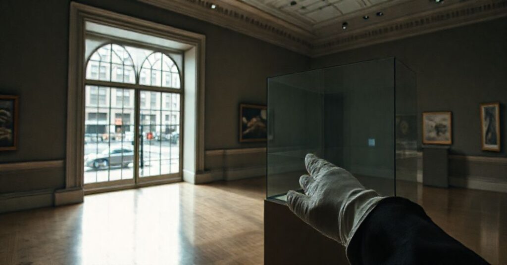 Pusta galeria muzeum z pustymi ramami, symbolizująca upadek moralny i estetyzację przestępstwa.