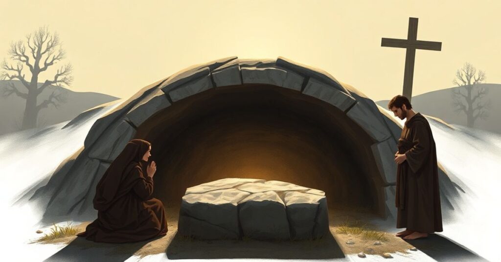 Pusta grobowiec w Wielkanocnym poranku z Marią Magdaleną, Pietrem i Janem w tradycyjnych szatach modlących się w powściągliwej atmosferze.