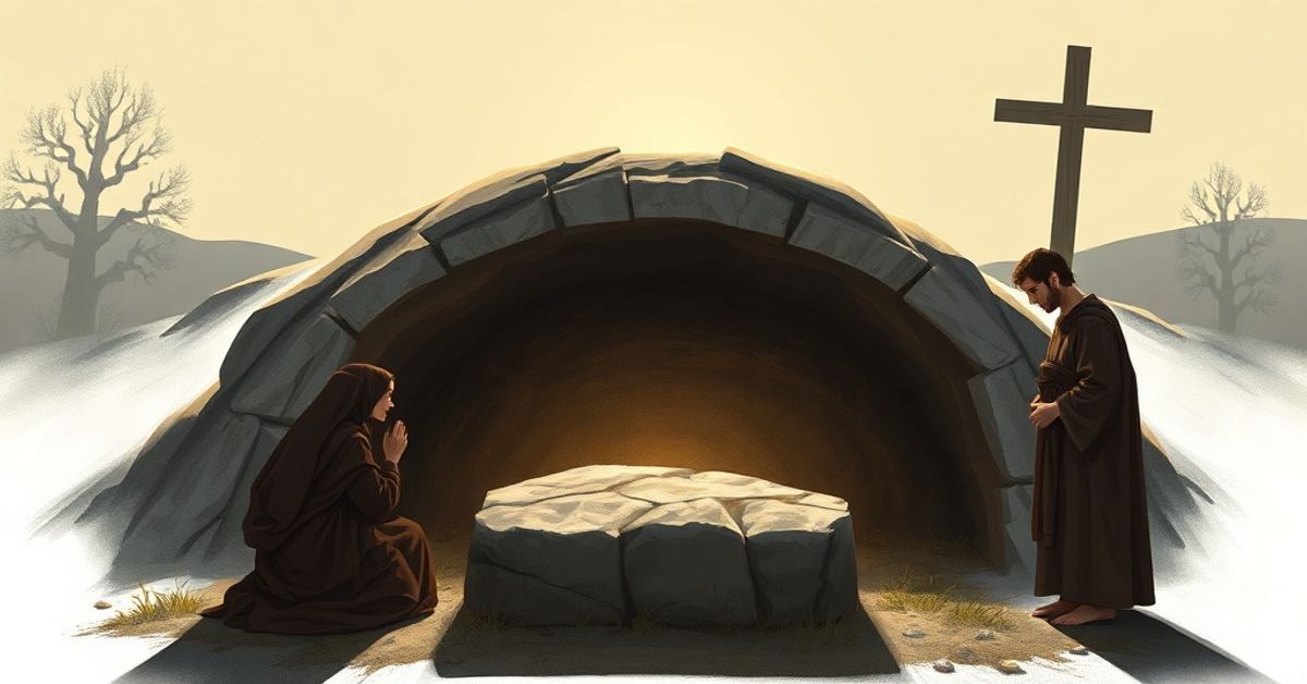 Pusta grobowiec w Wielkanocnym poranku - tradycyjna katolicka perspektywa Pusta grobowiec w Wielkanocnym poranku z Marią Magdaleną, Pietrem i Janem w tradycyjnych szatach modlących się w powściągliwej atmosferze.