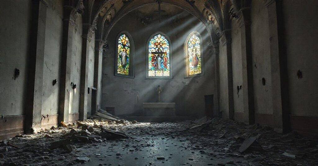 Pustość duchowa w współczesnej sztuce - pusta kaplica z gruzem symbolizującym nihilizm materialny