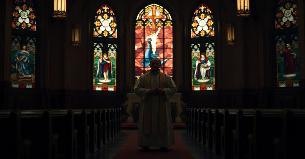 Ciemne wnętrze katedry opolskiej z pustym ołtarzem i samotną postacią w biskupich szatach stojącą w centrum, otoczoną przygaszonymi witrażami przedstawiającymi Ukrzyżowanie i Zmartwychwstanie. Twarz biskupa jest ukryta w cieniu, podkreślając duchową pustkę jego homilii modernistycznej. Ławki są w większości puste, symbolizując opuszczenie prawdziwej wiary. Na tle, przez witraże, widoczna jest rozmyta sylwetka rakiety kosmicznej.