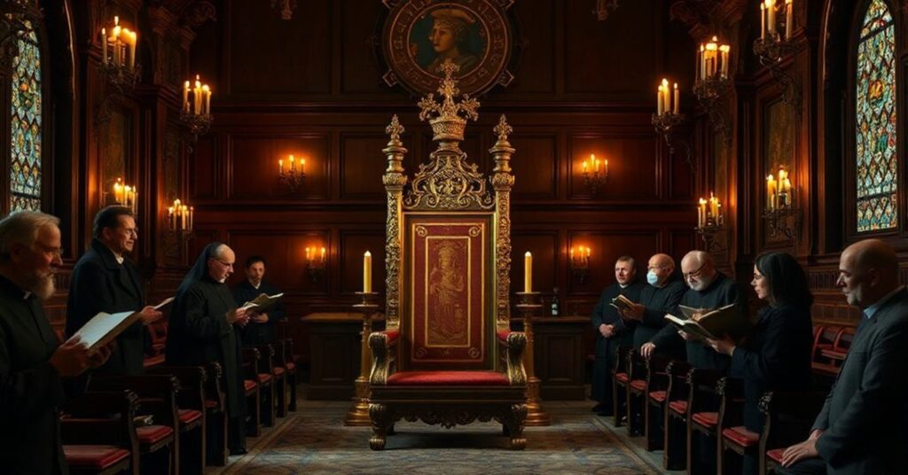 Solemna kaplica katolicka z pustym tronem w centrum, otoczona tradycyjnymi kapłanami i wiernymi studiującymi księgi liturgiczne w ciepłym świetle świec.