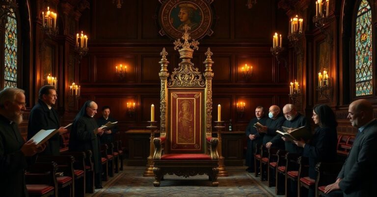 Solemna kaplica katolicka z pustym tronem w centrum, otoczona tradycyjnymi kapłanami i wiernymi studiującymi księgi liturgiczne w ciepłym świetle świec.