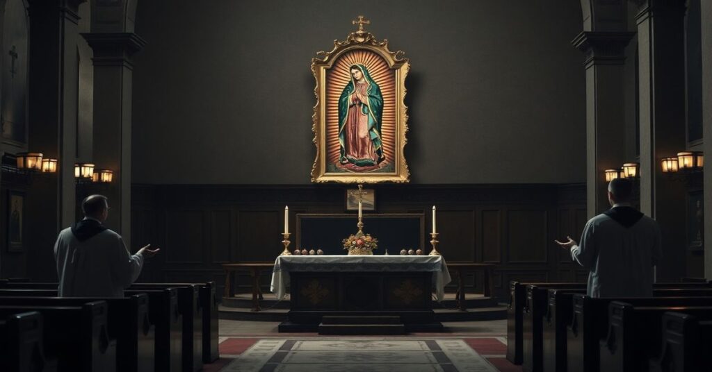 Wnętrze pustej katedry przy słabym oświetleniu symbolizujące brak prawdziwego kapłaństwa sakramentalnego z heretyckimi uczestnikami kongresu w tle