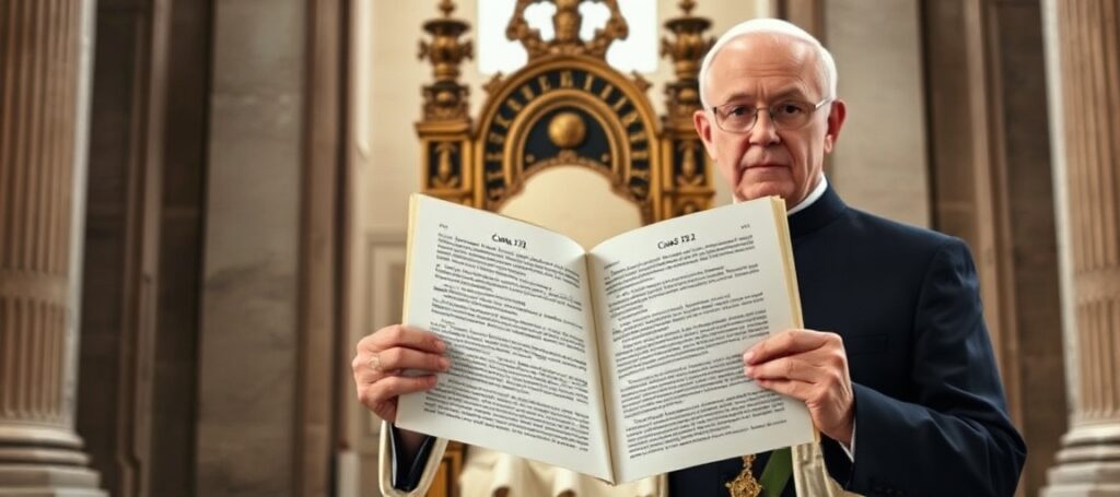 Sedevacantist katolicki uczony stoi przed pustym tronem papieskim w Bazylice św. Piotra, trzymając otwarty Kodeks Prawa Kanonicznego z Kanonem 332 §2. Na tle widoczny jest rozmyty obraz Jorge Bergoglio (Francis), symbolizujący nielegalność jego pontyfikatu.
