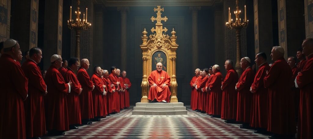 Pusta stolica św. Piotra w Kaplicy Sykstyńskiej z grupą fałszywych kardynałów w tle