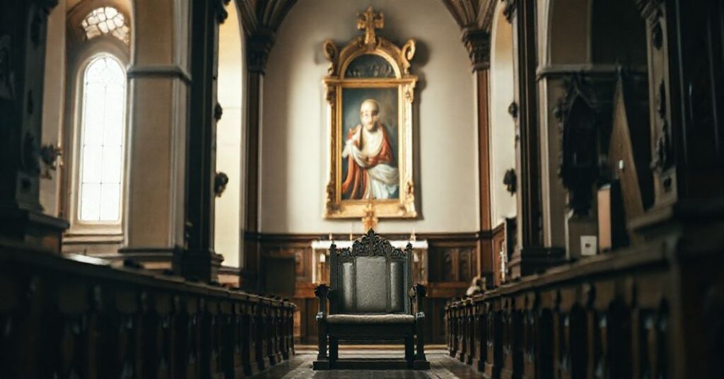 Wnętrze tradycyjnego kościoła katolickiego z pustym tronem biskupim w stylu krakowskim, symbolizującym brak prawdziwej sukcesji apostolskiej.