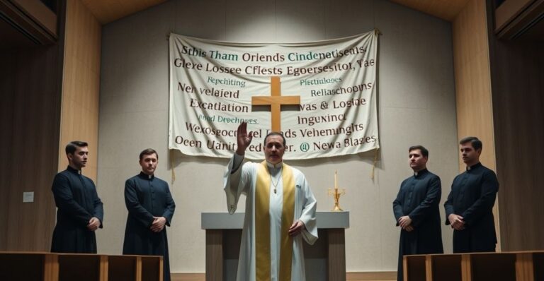 Pusta uroczystość w neoseminarium, brak tradycyjnych elementów katolickich, nowoczesne stroje i ołtarz, brak sakralnej atmosfery