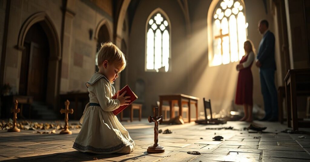 Dziecko w tradycyjnej wielkanocnej sukni modlące się przed pustym kościołem w Niemczech.