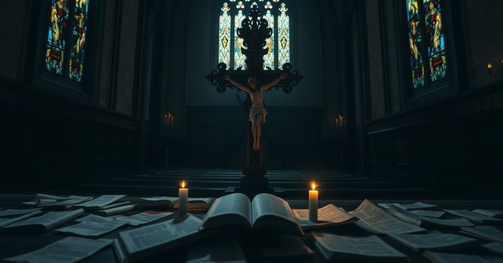 Pusta krucyfiks w tradycyjnym kościele katolickim z rozproszonymi notatkami i tekstami oratorium pasyjnego