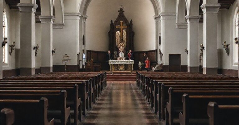 Wnętrze kościoła katolickiego z pustymi ławkami symbolizującymi zaniedbanie obowiązku niedzielnej Mszy Świętej