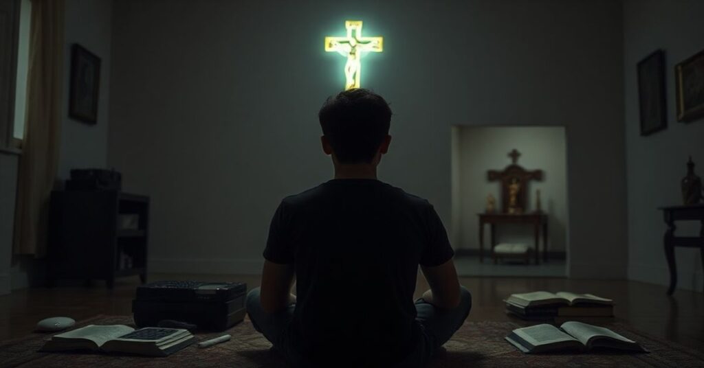 Osoba siedząca samotnie w pokoju pełnym nowoczesnych urządzeń i książek, na tle ciemnego kościoła katolickiego z krucyfiksem i tabernakulum.