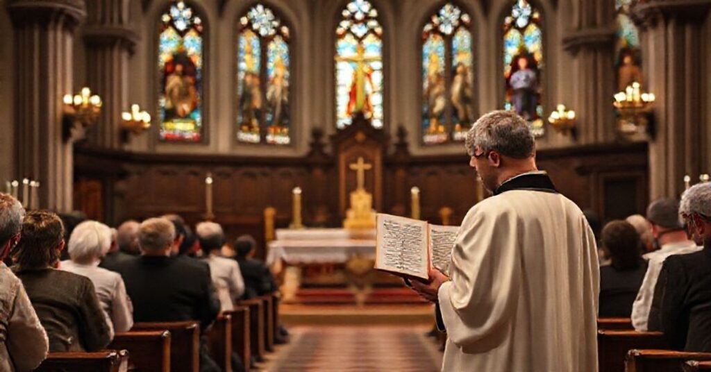 Scena liturgii katolickiej z pustym ołtarzem na tle grupą wierzących modlących się klęcząc. Na pierwszym planie diakon w tradycyjnych szatach liturgicznych trzyma egzemplarz Summa Theologiae II-II, q. 124, a. 5.