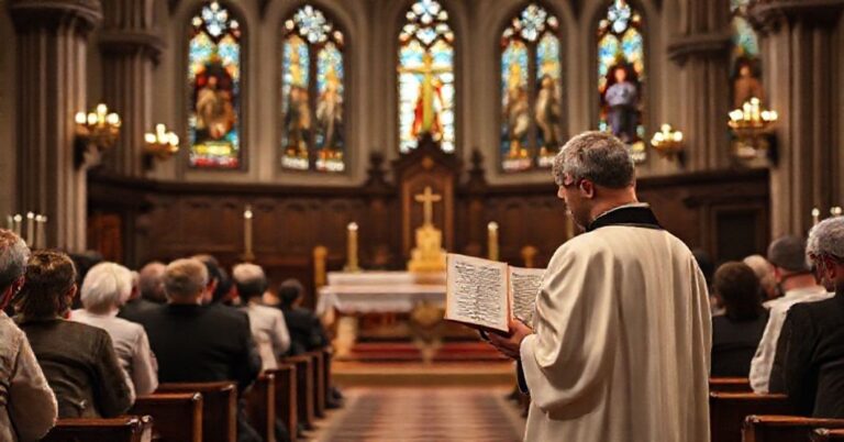 Scena liturgii katolickiej z pustym ołtarzem na tle grupą wierzących modlących się klęcząc. Na pierwszym planie diakon w tradycyjnych szatach liturgicznych trzyma egzemplarz Summa Theologiae II-II, q. 124, a. 5.