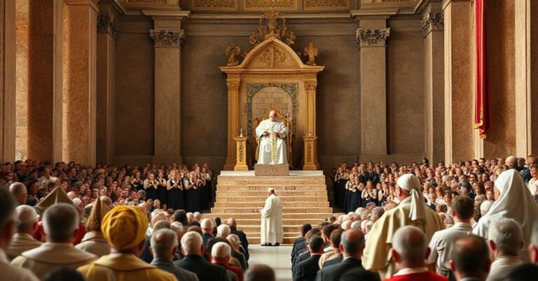 Pustosza tron Piotrowego na tle audiencji generalnej z fałszywym papieżem i pielgrzymami w Archidiecezji Białostockiej