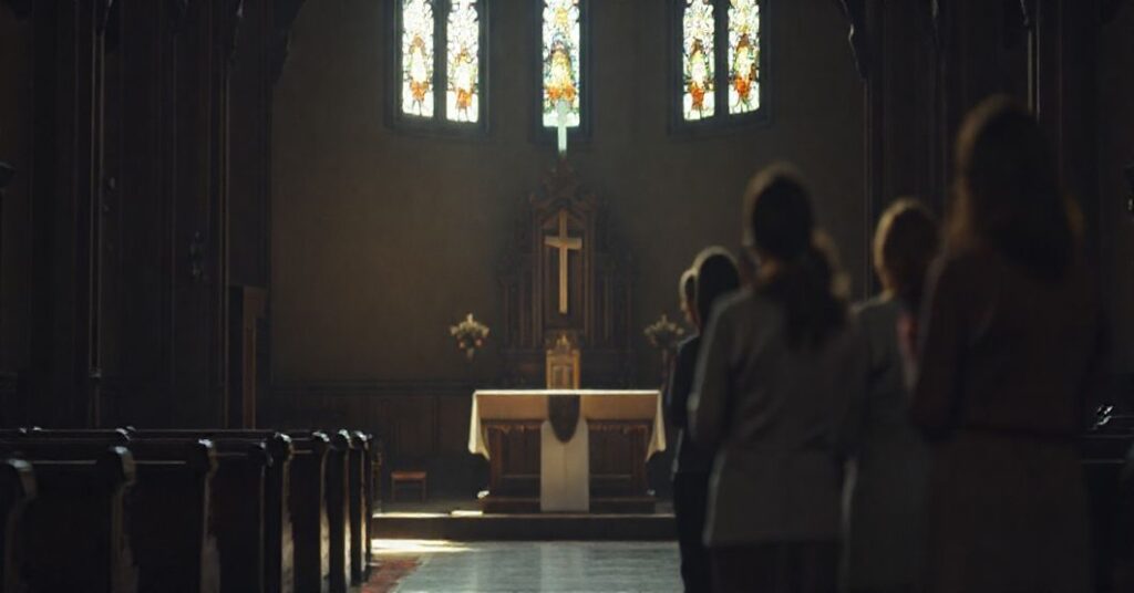 Puste wnętrze tradycyjnego kościoła katolickiego z rodzicami i młodymi osobami modlącymi się na tle zamkniętego tabernakulum, symbolizujące fałszywą duchowość i sentymentalizm nowego kościoła.