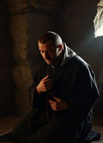 Pustelnik w tradycyjnym habitie modli się o zbawienie Prawdziwy pustelnik w tradycyjnym habitie modli się w skromnej celi zakonnej, otoczony starymi księgami i krzyżem. Scena podkreśla ascetyzm i poświęcenie dla zbawienia.