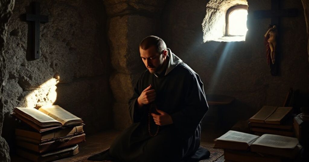Prawdziwy pustelnik w tradycyjnym habitie modli się w skromnej celi zakonnej, otoczony starymi księgami i krzyżem. Scena podkreśla ascetyzm i poświęcenie dla zbawienia.