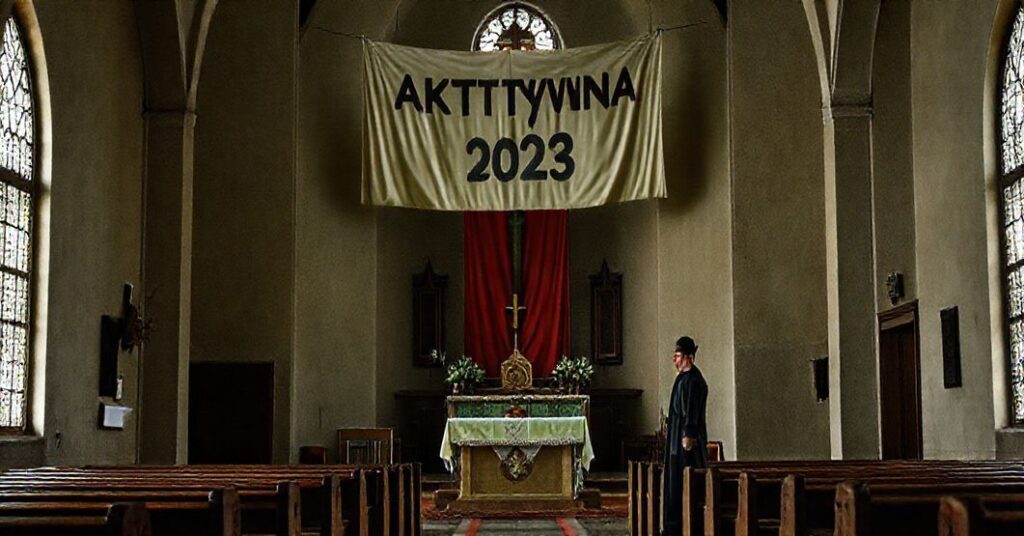 Pusty kościół z opuszczonym ołtarzem i wyblakłym banerem konkursu "Aktywna Parafia 2025"