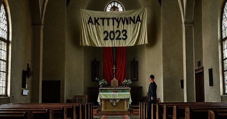 Pusty kościół z opuszczonym ołtarzem i wyblakłym banerem konkursu "Aktywna Parafia 2025"