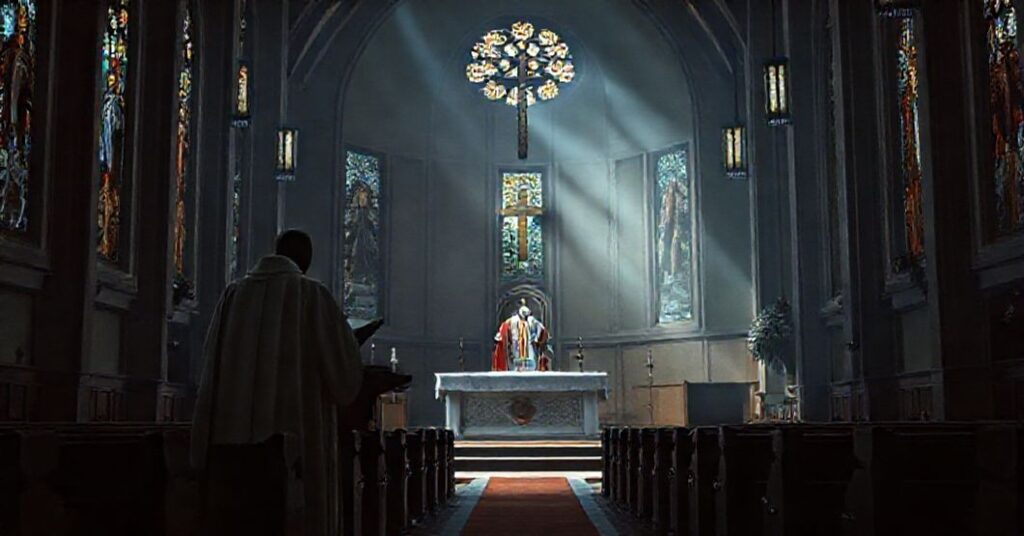 Wnętrze tradycyjnego kościoła z pustym, modernistycznym ołtarzem i bez twarzy figurou w szatach papieskich na ambonie.