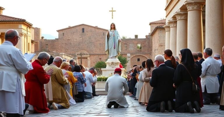 Tradycyjne katolickie modlitwy w Pompejach z modernistycznymi duchownymi i wiernymi przed statuą Matki Bożej Różańcowej.