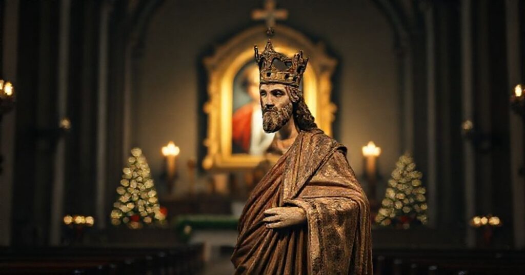 Solemne wnętrze kościoła z kontrastem między prawdziwym nauczaniem Chrystusa Króla a pustosłowiem w messages KEP na Boże Narodzenie.