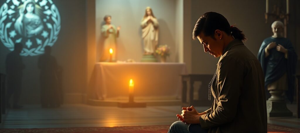 Adam i Jola na kolanach w modlitwie w ciemnym kościele catholique tradycji przed pustym tabernakulum z cieniem Medjugorje i kursu Alpha