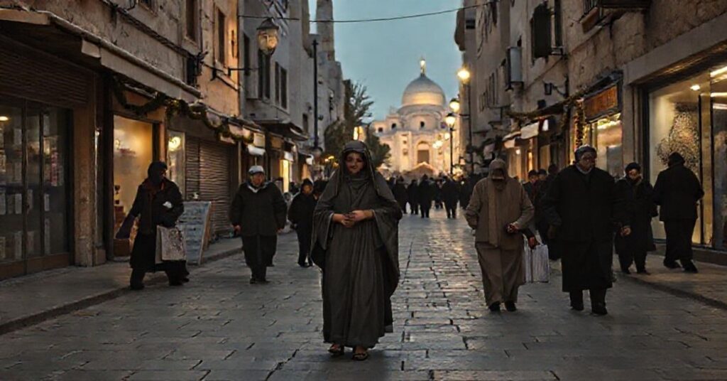 Melancholiczne widok Betlejemu w czasie konfliktu z pustym placem i dala widoczna Bazylika Narodzenia Pańskiego.