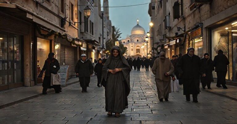 Melancholiczne widok Betlejemu w czasie konfliktu z pustym placem i dala widoczna Bazylika Narodzenia Pańskiego.